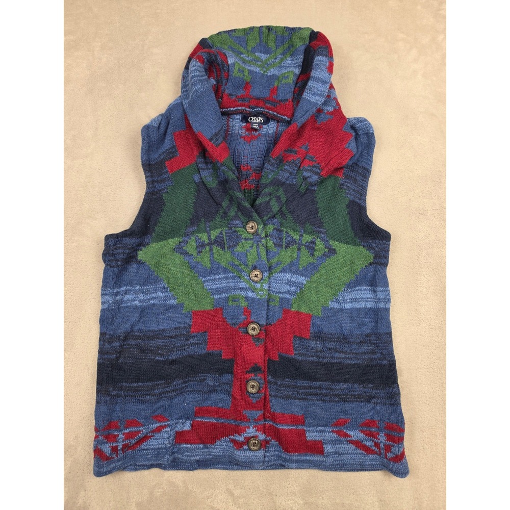 Chaps Shawl Collar Sweater Vest Women L Blue Southwestern Aztec Button Front